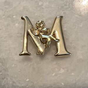 L. Razza Vintage Gold Toned Cherub Angel "M" Jewelry Pin Stamped Signed Brooch